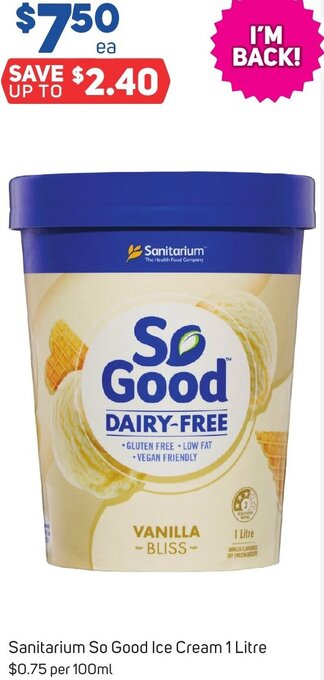 Foodland Sanitarium So Good Ice Cream 1 Litre offer