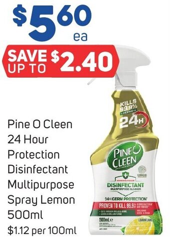 Foodland Pine O Cleen 24 Hour Protection Disinfectant Multipurpose Spray Lemon 500ml offer