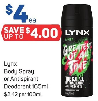 Foodland Lynx Body Spray or Antispirant Deodorant 165ml offer