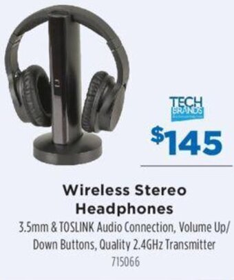 Wireless Stereo Headphones 3.5mm & TOSLINK Audio Connection, Volume Up/ Down Buttons, Quality 2.4GHz Transmitter 715066