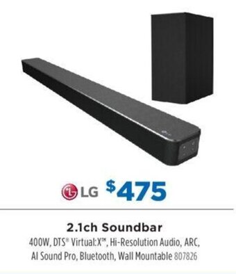 2.1ch Soundbar 400W, DTS® Virtual:X, Hi-Resolution Audio, ARC, Al Sound Pro, Bluetooth, Wall Mountable 807826