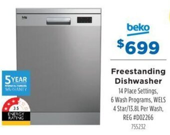 Betta Freestanding Dishwasher 14 Place Settings, 6 Wash Programs, WELS 4 Star/13.8L Per Wash, offer