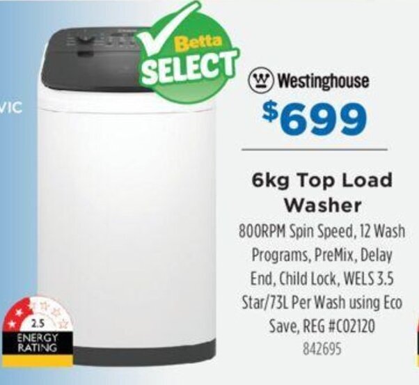 6kg Top Load Washer offer at Betta
