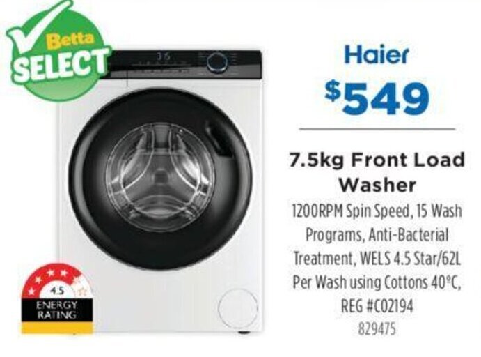 7.5kg Front Load Washer offer at Betta