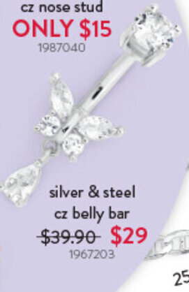 silver & steel cz belly bar