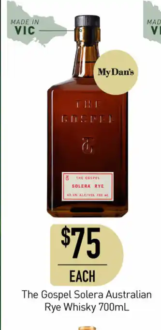 The Gospel Solera Australian Rye Whisky 700mL