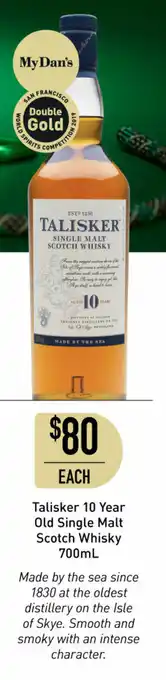 Talisker 10 Year Old Single Malt Scotch Whiskey 700mL