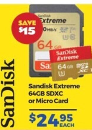 Teds Cameras Sandisk Extreme 64GB SDXC or Micro Card offer
