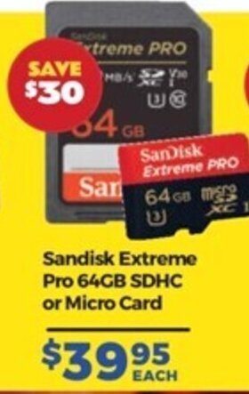 Teds Cameras Sandisk Extreme Pro 64GB SDHC or Micro Card offer