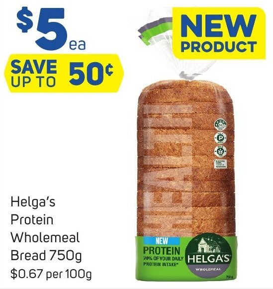 Helga's Protein Wholemeal Bread 750g offer at Foodland