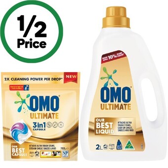 Woolworths Omo ultimate laundry liquid 2 litre, powder 2 kg or capsules pk 28 offer