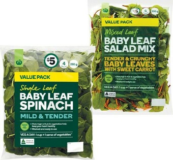 Woolworths Australian Baby Spinach 280g or Mixed Baby Leaf Salad Mix 300g Pack offer