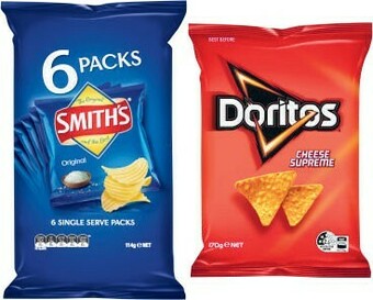 Coles Smith’s Chips 6 Pack 114g, Jumpy’s Snacks 5 Pack 90g or Doritos Corn Chips 150g-170g offer