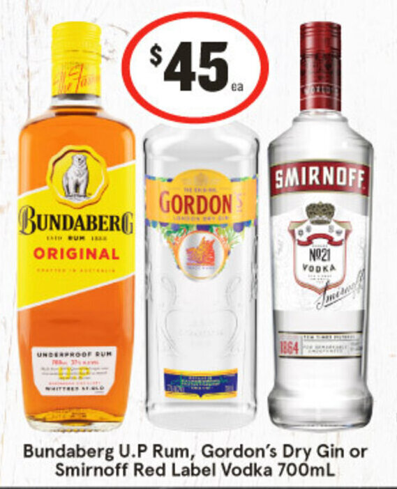 Bundaberg U.P Rum, Gordon's Dry Gin or Smirnoff Red Label Vodka 700mL
