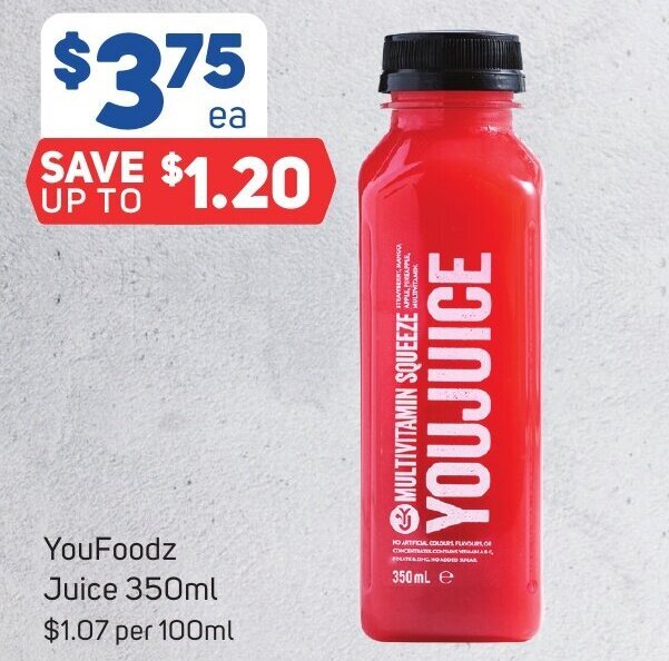 YouFoodz Juice YouFoodz Juice 350ml 1.07 per 100ml offer at Foodland