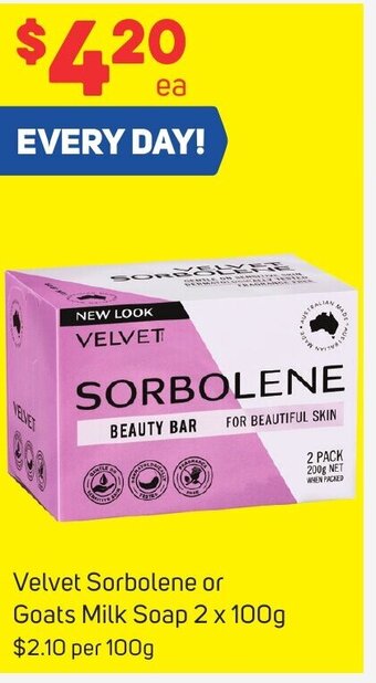 Foodland Velvet Sorbolene or Goats Milk Soap 2 x 100g offer