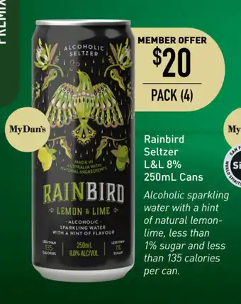 Rainbird Seltzer L&L 8& 250mL Cans