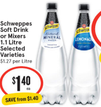 IGA Schweppes Soft Drink or Mixers 1.1 Litre Selected Varieties offer