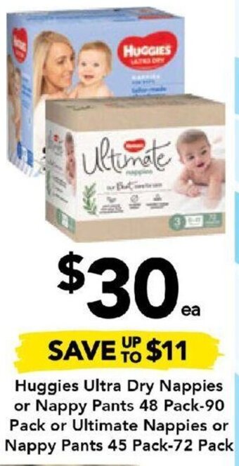 Drakes Huggies Ultra Dry Nappies or Nappy Pants 48 Pack-90 Pack or Ultimate Nappies or Nappy Pants 45 Pack-72 Pack offer