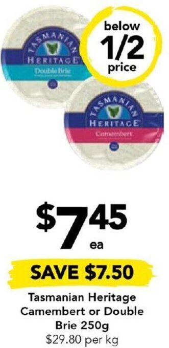 Drakes Tasmanian Heritage Camembert or Double Brie 250g offer