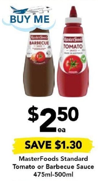 Drakes MasterFoods Standard Tomato or Barbecue Sauce 475ml-500ml offer