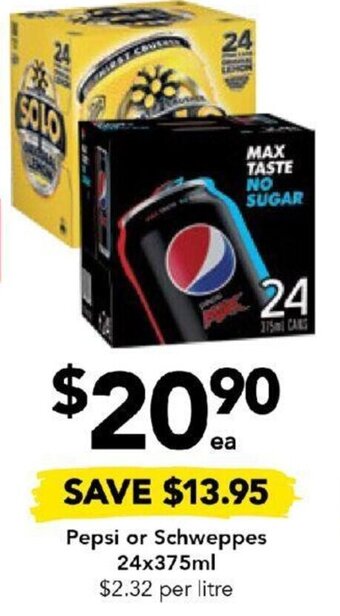 Drakes Pepsi or Schweppes 24x375ml offer