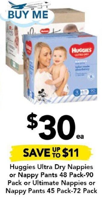 Drakes Huggies Ultra Dry Nappies or Nappy Pants 48 Pack-90 Pack or Ultimate Nappies or Nappy Pants 45 Pack-72 Pack offer
