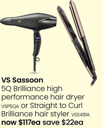 Myer VS Sassoon 5Q Brilliance high performance hair dryer VSP5QA Or Straight to Curl Brilliance hair styler VsS481A offer