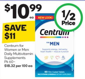 Woolworths Centrum for Women or Men Daily Multivitamin Supplements Pk 60- offer