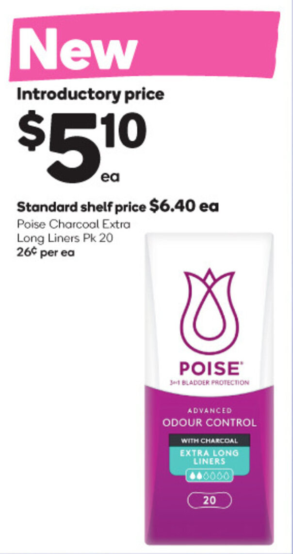 Poise Charcoal Extra Long Liners Pk 20 offer at Woolworths