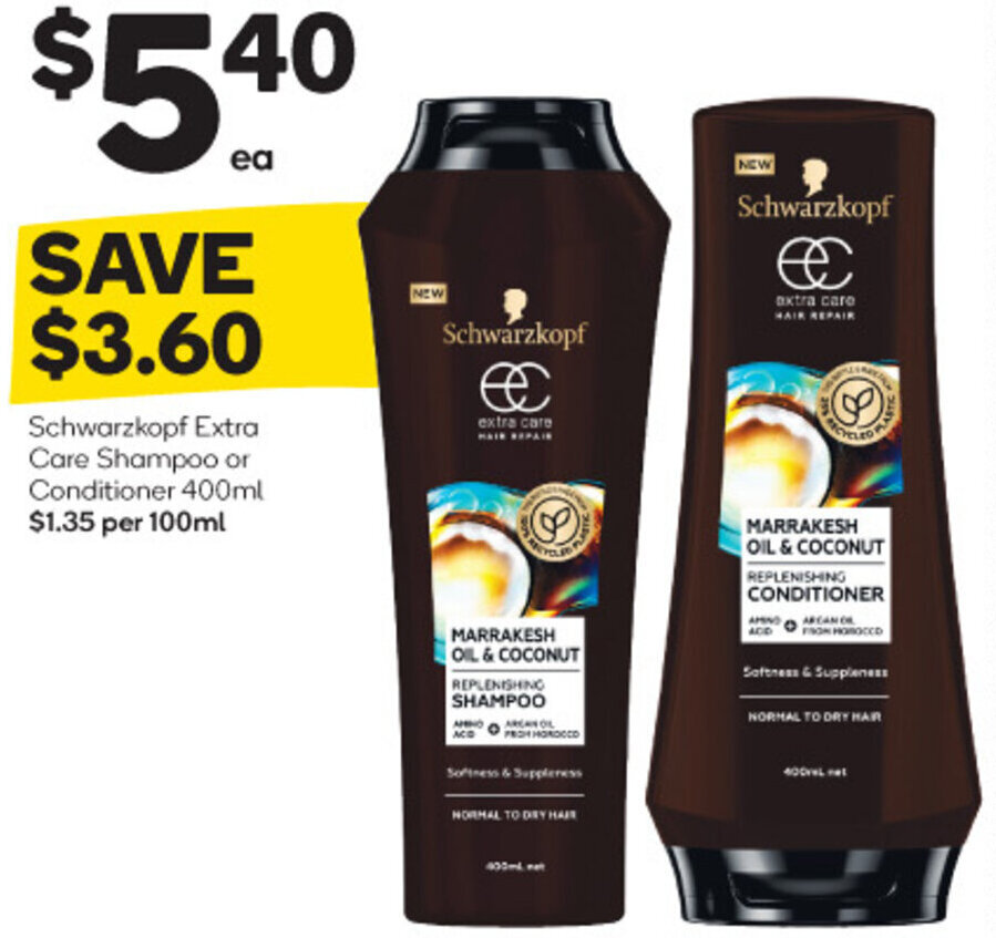 Schwarzkopf Extra Care Shampoo or Conditioner 400ml offer at Woolworths