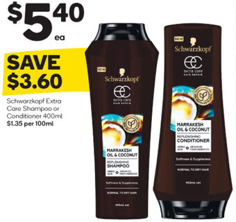 Woolworths Schwarzkopf Extra Care Shampoo or Conditioner 400ml offer