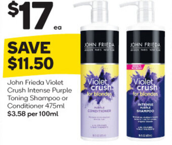Woolworths John Frieda Violet Crush Intense Purple Toning Shampoo or Conditioner 475ml offer