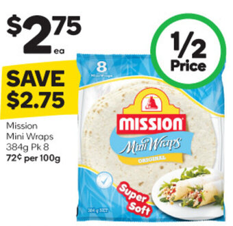 Woolworths Mission Mini Wraps 384g Pk 8 offer