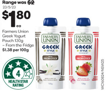 Woolworths Farmers Union Greek Yogurt Pouch 130g - From the Fridge offer