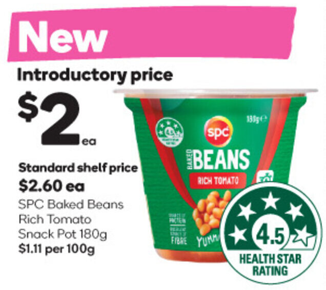 SPC Baked Beans Rich Tomato Snack Pot 180g offer at Woolworths