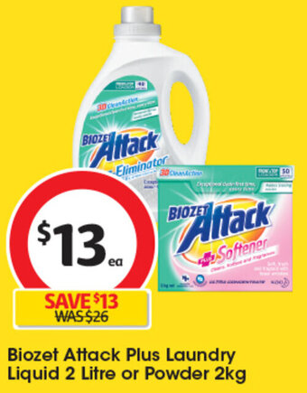 Coles Biozet Attack Plus Laundry Liquid 2 Litre or Powder 2kg offer