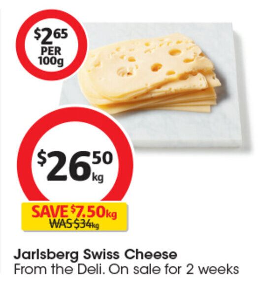 Jarlsberg Swiss Cheese From the Deli. On sale for 2 weeks offer at Coles