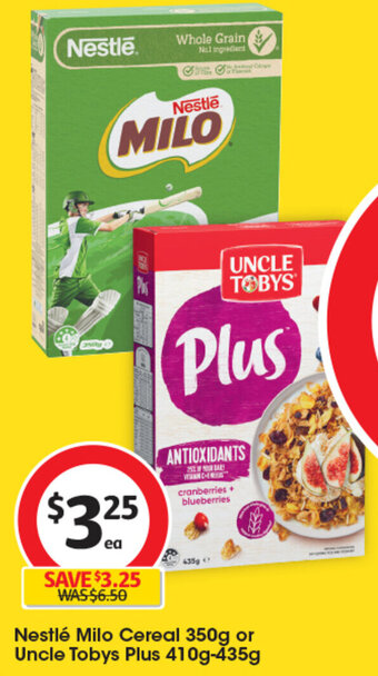 Coles Nestlé Milo Cereal 350g or Uncle Tobys Plus 410g-435g offer