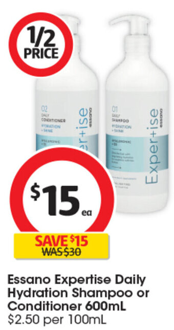 Coles Essano Expertise Daily Hydration Shampoo or Conditioner 600mL offer