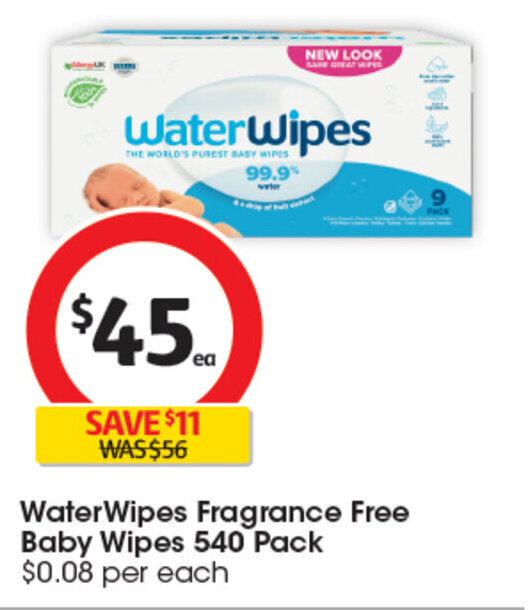 WaterWipes Fragrance Free Baby Wipes 540 Pack offer at Coles