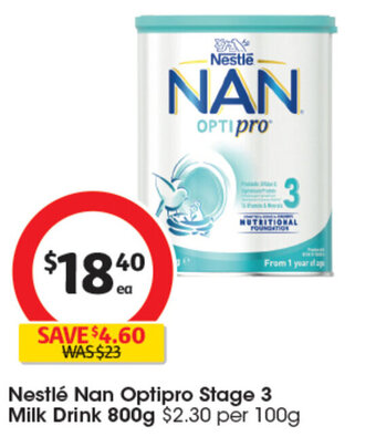 Coles Nestlé Nan Optipro Stage 3 Milk Drink 800g offer
