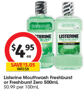 Coles Listerine Mouthwash Freshburst or Freshburst Zero 500mL offer