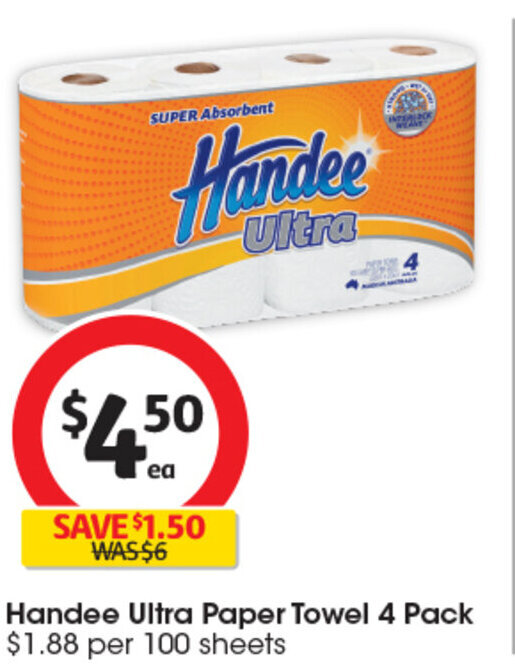 Handee Ultra Paper Towel 4 Pack offer at Coles