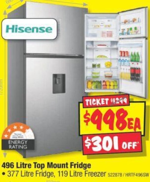 496 Litre Top Mount Fridge offer at JB HiFi