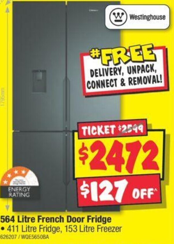 564 Litre French Door Fridge • 411 Litre Fridge, 153 Litre Freezer