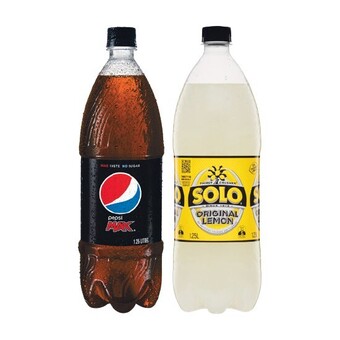 Woolworths Pepsi, solo, mountain dew or schweppes lemonade soft drink varieties 1.25 litre offer