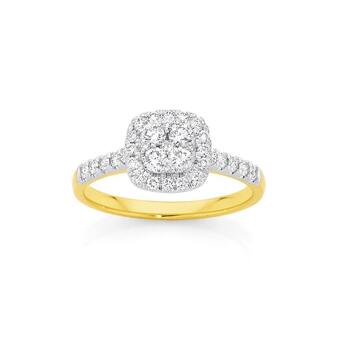 Angus & Coote 9ct gold diamond cushion shape ring offer