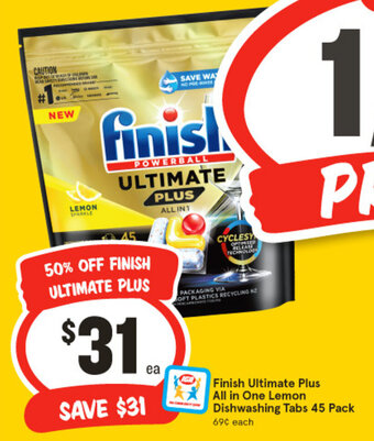 IGA Finish Ultimate Plus All in One Lemon Dishwashing Tabs 45 Pack offer