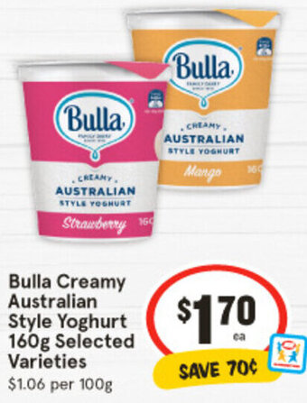 IGA Bulla Creamy Australian Style Yoghurt 160g Selected Varieties offer